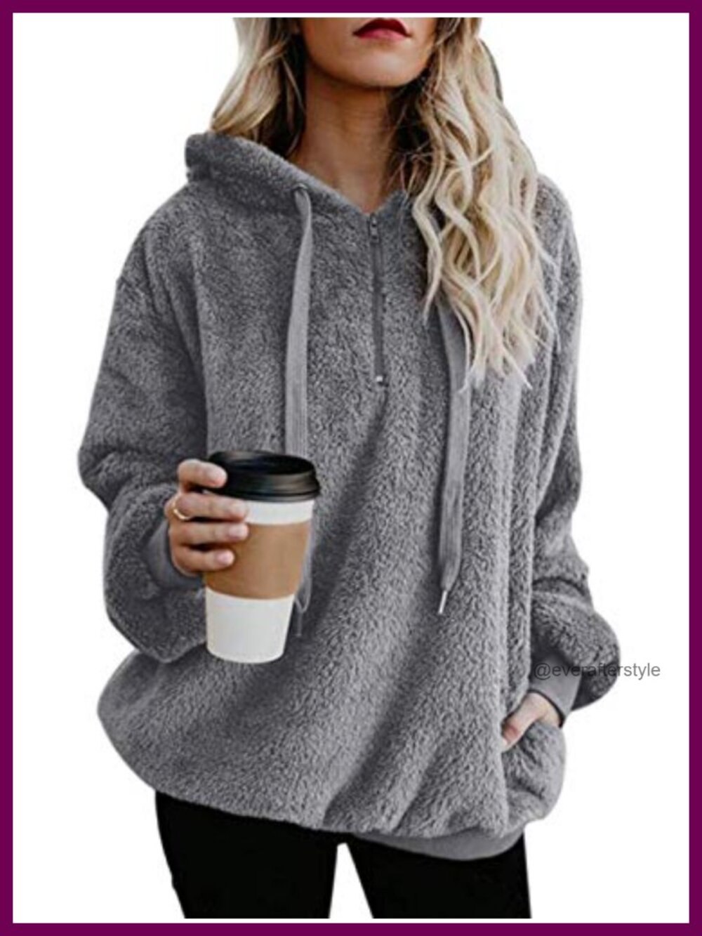 Womens Fuzzy Sherpa Fleece Pullover Hoodie Oversized 1/4 Zip Sweatshirt